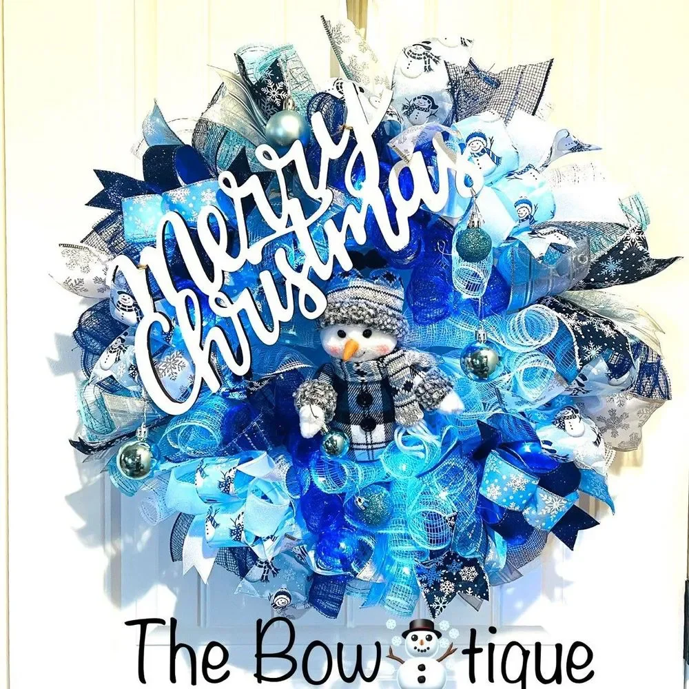 Blue Snowman Merry Christmas Ribbon Door Wreath Handmade 22 ins LED W23